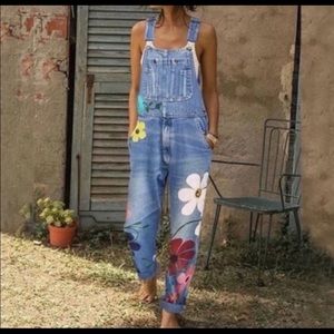 MissLook Flower Denim Blue Jean Overalls Boho M